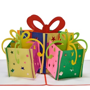 PRESENTES DE ANIVERSÁRIO Cartão Pop Up - Presentes de aniversário 3D e cartão de fita - Cartão de presentes de aniversário montado à mão - Cartão de feliz aniversário com 3 presentes