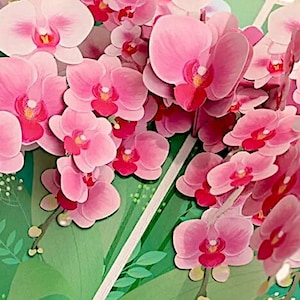 Cartão pop-up PINK ORCHIDS - Massas de orquídeas - Flores de aniversário de orquídea 3D - Buquê de dia das mães - Cartão floral feito à mão - Presente para amantes de orquídeas