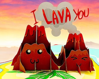 May include: A 3D pop-up card featuring two red volcanoes with cute faces and a white cloud with the text "I lava you".