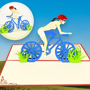 WEIBLICHE RADFAHRER Pop Up Karte - Frau Radfahrer - Radsportlerin - Radsportlerin - Radsportlerin - Geburtstagskarte Karte - Geburtstagskarte für Mädchen auf dem Fahrrad
