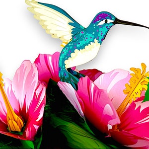 HUMMINGBIRD & HIBISCUS Pop Up Karte - Wunderschöne 3D Kolibri Rosa Blumen Karte - Blumen Pop Up Karte - Handgemachte Karte - Geschenk für besondere Anlässe