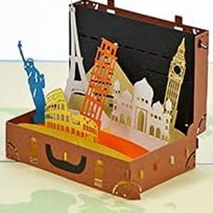 Cartão Pop-up VIAGEM É VIDA - Cartão de viajante mundial 3D - Cidades famosas, monumentos, Europa, África, Ásia, lua de mel, viajante do mundo, cartão de férias