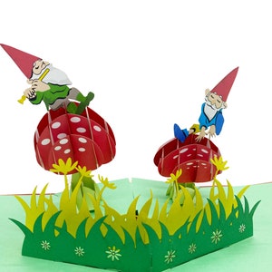 Cartão Pop-up de GNOMOS DE JARDIM - Cartão de Cogumelo Mágico - Cartão de Stoner 3D - Cartão de Boa Sorte - Cartão de Música Alegre - Flauta Tocando - Cartão de Conto de Fadas Alemão