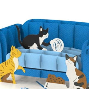 Carte pop-up CAT TROUBLE - carte vie de chat - carte 3D femme chat - carte homme chat - carte amoureux des chats - chats domestiques - carte réconfortante - chats sur le canapé