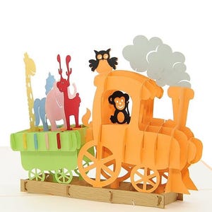 Cartão Pop-up "ALL ABOARD" com Trem de Animais para Crianças, Primos, Férias e Aniversários! Locomotiva a Vapor - Cartão Colorido para Crianças e Viajantes