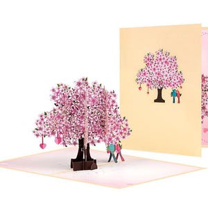 Tarjeta desplegable de pájaros del amor y árbol de corazones en flor - Tarjeta de feliz aniversario - Pájaros besándose - Romance en 3D - Compromiso - Felices tortolitos para siempre