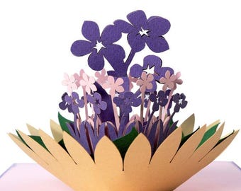 Violets Pop Up Card – 3D Purple Flower Bouquet, Spring Floral Greeting,