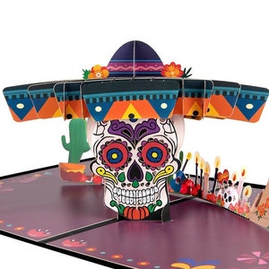 Tarjeta emergente MEXICAN HAT DANCE - Calavera de azúcar colorida y sombrero - Fiesta 3D - Día de los Muertos - Día los Muertos - Cinco de Mayo - Halloween