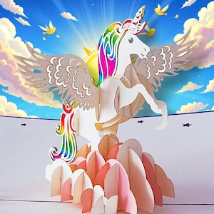 RAINBOW UNICORN Pop Up Card, Version 1, 3D Unicorn Card - PRIDE Unicorn - Party card - Winged Unicorn - Alicorn Card - Rainbow Pegasus Card