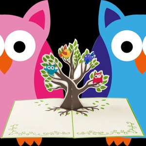 Carte pop-up HAPPY BIRDS TREE - carte de remise des diplômes - carte de réunion 3D - carte d'arbre généalogique - oiseaux d'une plume - carte Wise Owls - carte 3D Birder