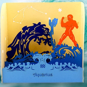 Carte d'ANNIVERSAIRE ZODIAQUE VERSEAU - Diorama astrologique - Signe astrologique d'eau - Verseaux célèbres - (20 janvier au 18 février) - Horoscope chinois