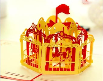 Merry-Go-Round - Carousel Pop Up Card  - Flying Horses - Vintage Carnival Whirligig