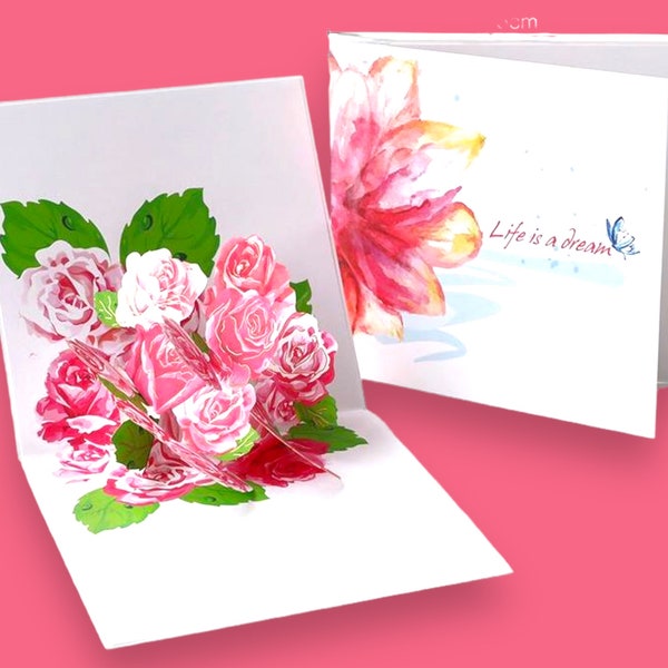 Pink ROSE Pop Up Card - Pink ROSE 3d Card - Rose Bouquet 3d Card - Mothers Day Rose Card - Floral Anniversary 3d card - Romantic Roses Card