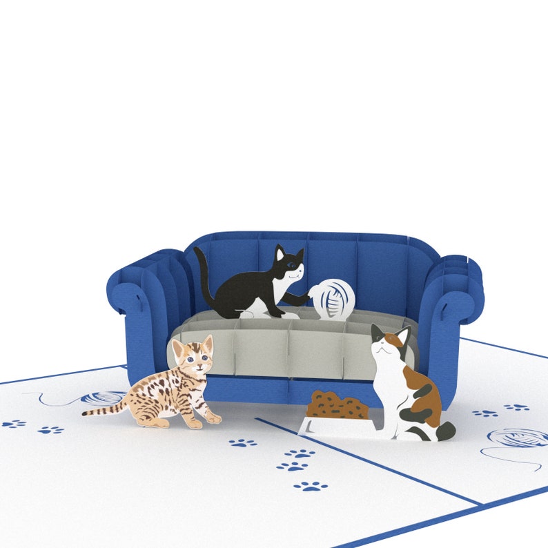 Cat Trouble pop up card: 3 playful cats cavort by a blue couch. This version has a bengal kitten.