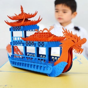 DRACHENFÄHRE BOOT Pop Up Karte - 3D Chinesisches Stadtrundfahrt Boot - Chinesische Flusskreuzfahrt - Drachenboot Festival - Shanghai Ferry