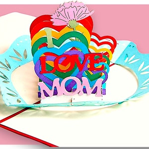 I LOVE MOM Pop Up Card - Rainbow Hearts Pop Up Card - Biglietto 3D per la festa della mamma - Biglietto con cuori e fiori per la mamma - Idea regalo per la festa della mamma