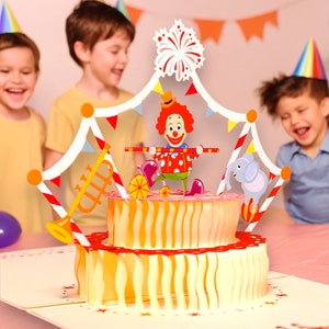 Pop-upkaart CLOWN VERJAARDAGTAART - Creatieve handgemaakte 3D-roze clownkaart - Kleurrijke verjaardagstaartkaart - 3D circusverjaardagskaart voor kind