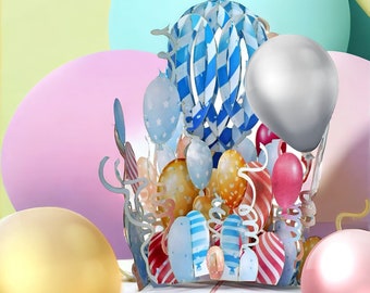 BIRTHDAY BALLOONS - Hand Assembled Pop Up Birthday Card - Bright Balloons Birthday Card -  Kid Birthday Card, 3D Balloon Birthday Card
