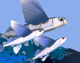 FLYING FISH Pop Up Card - Life of Pi card - Hand Assembled Pop Up Fish Card - Silver Fish card - 3D Flying Fish Art Card - Ocean Scene Card