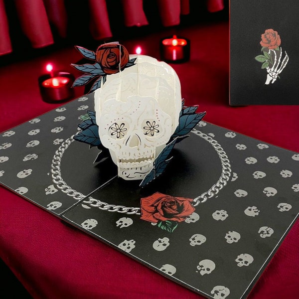 SUGAR SKULL ROSES Day of Dead Pop Up Card - 3D Gothic Rose and Skull Card - Dia de Muerto Pop Up Card - Steampunk - Halloween - Passion Card