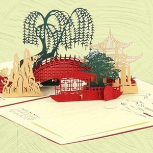 Cartão pop-up de CULTURA CHINESA - Cidade aquática tradicional chinesa - Projeto arquitetônico 3D requintado - Ponte antiga histórica - Cenário de poesia