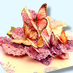 Biglietto pop-up con ortensie e farfalle - Fiori viola 3D - Farfalle dorate - Lillà - Fiori di giacinto - Elegante biglietto regalo floreale - Mamma