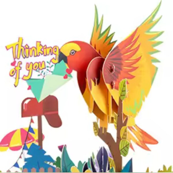 THINKING OF YOU Pop Up Card - 3D Friendship Card -  Happy Memories - Parrot - Get Well Card -  Tropical Vacation - You're in my Thoughts!