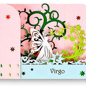 Carte pop-up VIERGE ZODIAQUE - carte astrologie - carte d'anniversaire zodiaque - Célèbres Vierges - 23 août au 22 septembre - carte diorama horoscope chinois