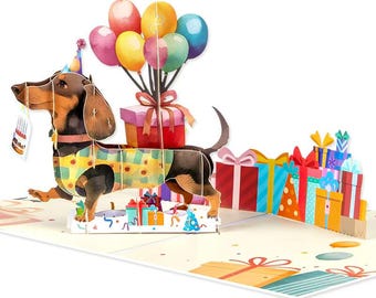 Dachshund Birthday Pop-Up Card • Sausage Dog Party Card • Fun Balloon & Gifts