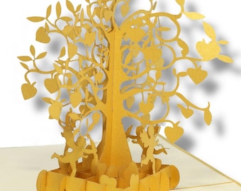 Golden Love Tree Pop-Up Card – Hearts & Cupids - 50th Anniversary, Wedding, Engagement, Valentine