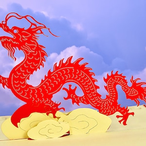 Tarjeta desplegable DRAGÓN CHINO ROJO - Tarjeta de Año Nuevo chino - Tarjeta 3D del Año del Dragón - Tarjeta de buena suerte - Tarjeta protectora del Dragón Rojo - Bendición