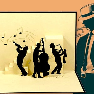 Cartão pop-up BIRDLAND JAZZ MUSIC - Blue Note - Cartão legal para melómanos - Seja jazzado - Trio de jazz 3D - Trombone e baixo de saxofone - Música ao vivo!