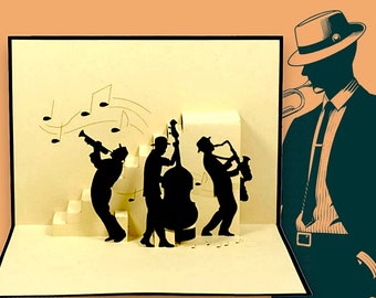 Jazz Trio Pop-Up Card: Handmade Sax, Trombone & Bass Music Gift
