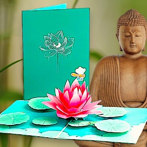 GRATITUDE LOTUS PopUp Card - Handcrafted Blessings Card - 3D Lotus Dragonfly Design - Charming Zen Greeting Card - Heartfelt Connection Card