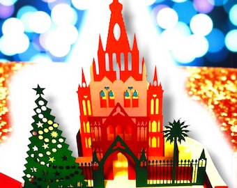 Feliz Navidad Pop-Up Card – San Miguel de Allende Parroquia Church Christmas – Tarjeta Navideña 3D