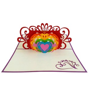 Tarjeta emergente CORAZONES ARCOÍRIS - Tarjeta LGBTQ para San Valentín - 2 Días de la Madre - 2 Días del Padre - Tarjeta de amor con orgullo arcoíris - Tarjeta inclusiva - Tarjeta gay 3D