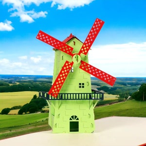 WINDMILL of SPINNING DREAMS Pop Up Card - Tarjeta 3D de molino de viento hecha a mano - Tema holandés holandés - Energía eólica - Cambio climático - Energía renovable