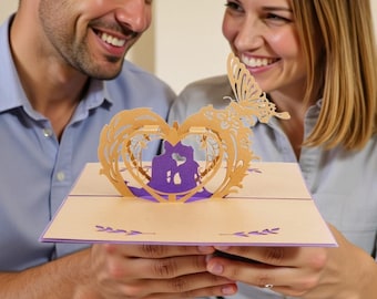 Valentine Pop Up Card – 3D Heart with Couple, Flowers & Butterfly – Romantic Gift for Her