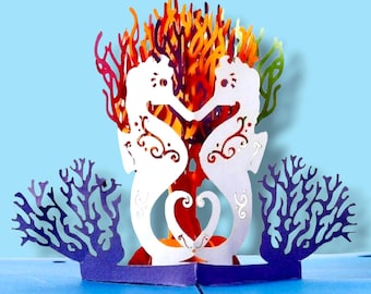 Seahorse Kissing Couple Pop-Up Card – 3D Ocean Love Keepsake – Handmade Anniversary or Wedding Card