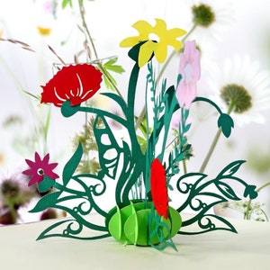 Cartão pop-up WILDFLOWER - Cartão feito à mão com flores do prado - Rosas 3D Jonquils Hibiscus - Cartão floral - Cartão de buquê de jardim da natureza