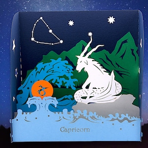 CARTE D'ANNIVERSAIRE CAPRICORNE - diorama du zodiaque chèvre - carte astrologie - carte horoscope chinois - (21 décembre - 19 janv.) - signe de la terre - capricornes célèbres