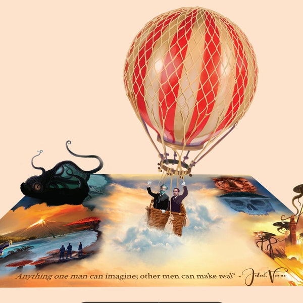 SCI-FI FATHERS pop up card - H.G Wells and Jules Verne -  Hot Air Balloon Nerd Gift - Geeky Anniversary Card - Science Fiction Greeting Card