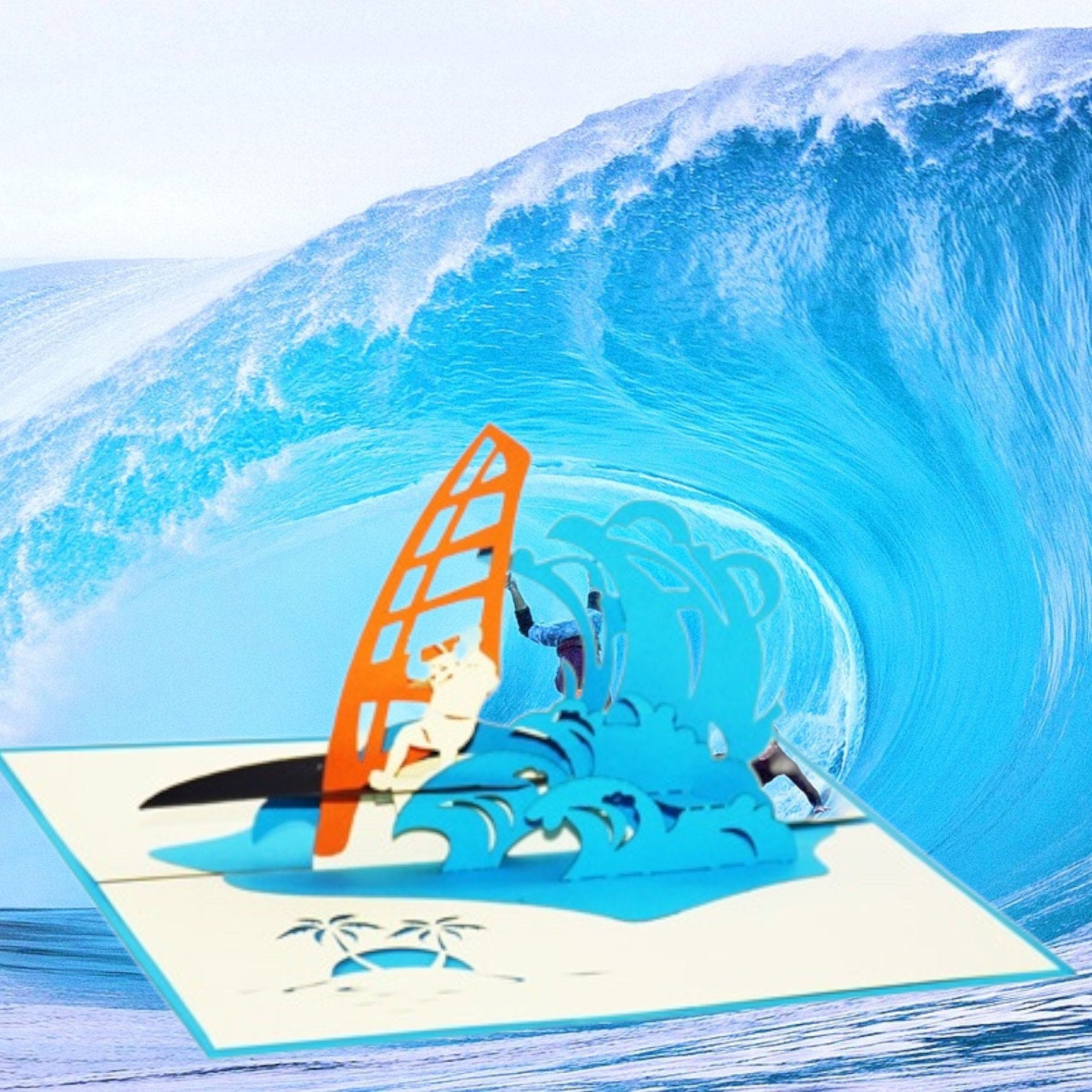 LIN Biglietto D'Auguri 3D Pop Up - Windsurf | Fatto A Mano In Carta Kishu | Con Scomparto Per Regalo E Denaro | Ideale Per Sportivi - 2
