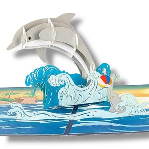 DELFIN Pop Up Karte - Bunte Delfin Geburtstagskarte - 3D Strand Karte - Delfin und Ozean Karte - Naturliebhaber Karte - Delfin Familie