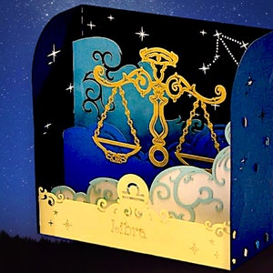 WAAGE GEBURTSTAGSKARTE - Sternzeichen Diorama Pop Up Karte - Astrologie - (23 September bis Oktober 22) - Sternzeichen die Waage - Air Zeichen Horoskop Pop Up Karte