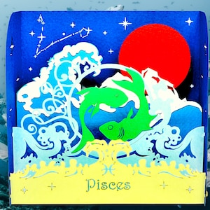 PISCES GEBURTSTAGSKARTE - Sternzeichen Diorama Karte - Astrologie Karte - (19 Februar bis 20 März) - Wasser Element - Chinesisches Fisch Horoskop Pop Up Karte