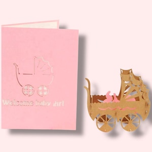 Witaj DZIEWCZYNKO LUB CHŁOPCU ~ Różowa lub niebieska karta typu pop-up z wózkiem dziecięcym - Baby Shower, gratulacje z okazji ciąży, rodziców, urodzin dziecka, adopcji