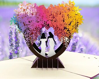 Lesbian Wedding Pop Up Card: Rainbow Arbor, Two Brides