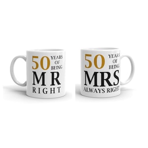 50th Anniversary Mr. and Mrs. Right 11 Oz. Ceramic Coffee Mug Set - Perfect Wedding Anniversary Gift for the Golden Couple, and Mom & Dad