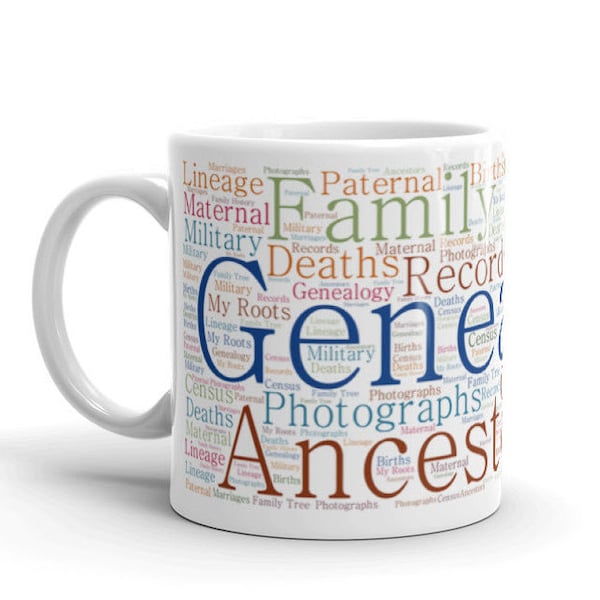 Genealogy Word Cloud White 11 Oz. Ceramic Coffee Mug - Perfect Gift for Your Favorite Genealogist, Family Historian, Club Member or Speaker!